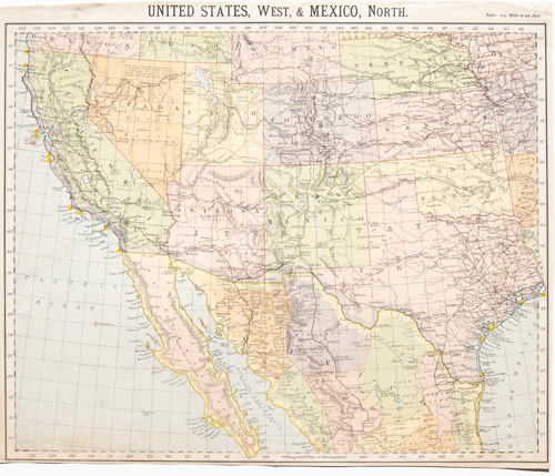 western US antique map northern mexico 1884
